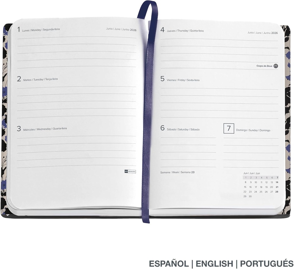 Agenda 2026 semana vista, Fácil de llevar (122 x 168 mm), Planificación semanal, Cubierta rígida cartón, Espiral, Cierre goma elástica, Papel 80 g/m², Español-EN-PT, Black&Blue Miquelrius