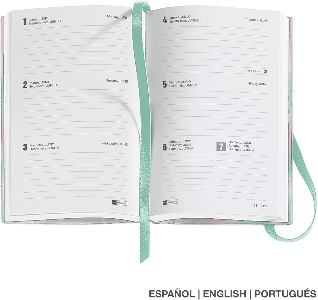 Agenda 2026 semana vista, Formato pequeño (90 x 140 mm), Planificación semanal, Cubierta rígida cartón, Espiral, Cierre goma elástica, Papel 80 g/m², Español-EN-PT, Gradient Miquelrius