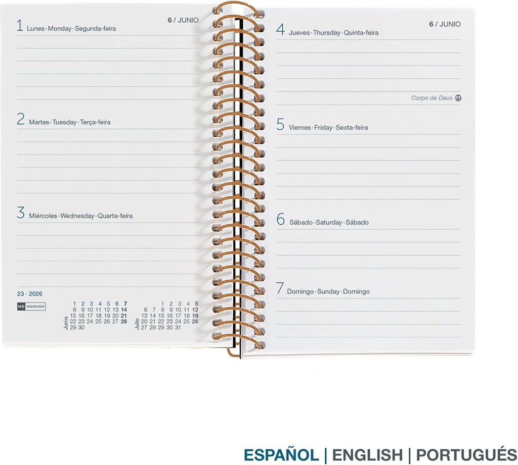 Agenda 2026 semana vista, Pequeña y portátil (80 x 120 mm), Planificación semanal, Cubierta rígida cartón, Espiral, Cierre goma elástica, Papel 80 g/m², Español-EN-PT, Anémona Miquelrius