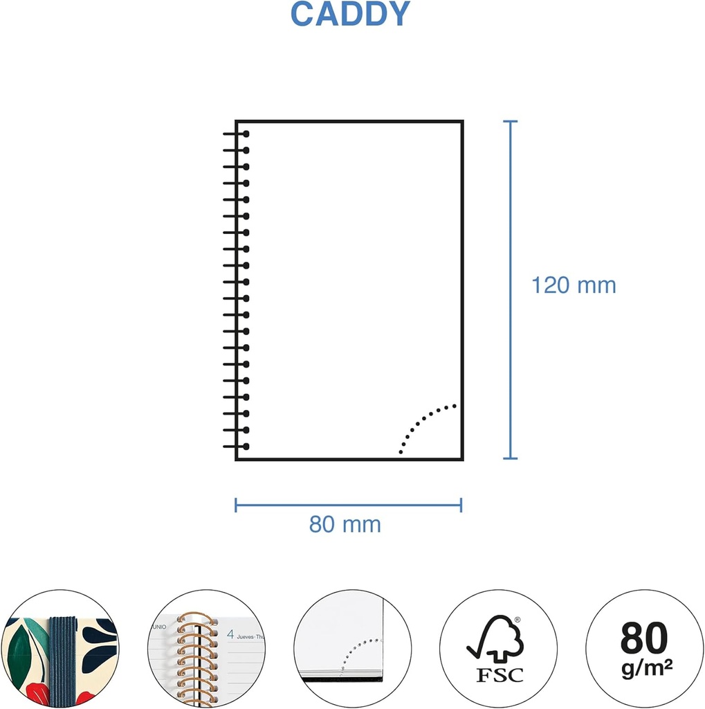 Agenda 2026 semana vista, Pequeña y portátil (80 x 120 mm), Planificación semanal, Cubierta rígida cartón, Espiral, Cierre goma elástica, Papel 80 g/m², Español-EN-PT, Anémona Miquelrius