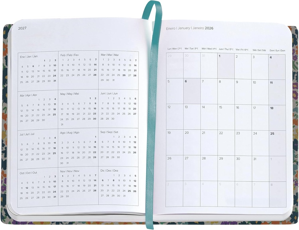 Agenda 2026 día por página, Fácil de llevar (122 x 168 mm), Planificación diaria, Cubierta rígida cartón, Espiral, Cierre goma elástica, Papel 80 g/m², Español-EN-PT, Miquelrius