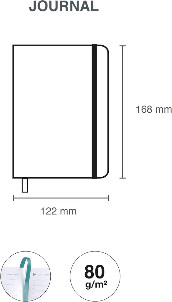 Agenda 2026 día por página, Fácil de llevar (122 x 168 mm), Planificación diaria, Cubierta rígida cartón, Espiral, Cierre goma elástica, Papel 80 g/m², Español-EN-PT, Miquelrius