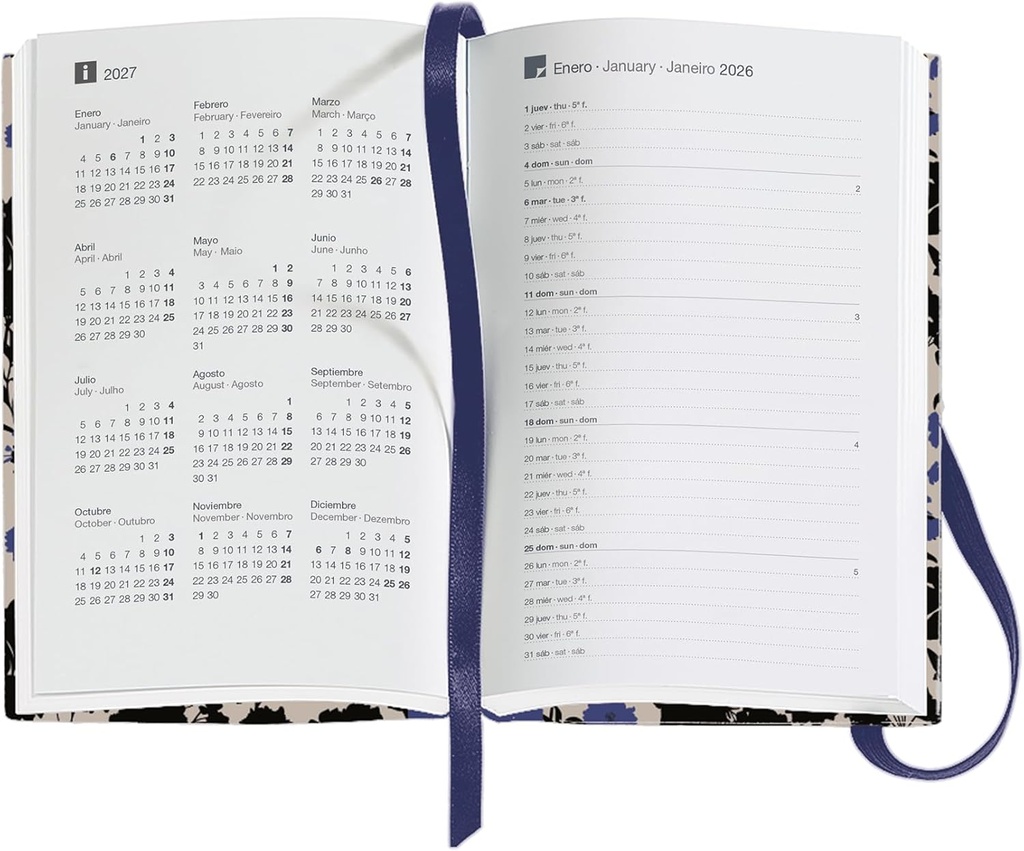 Agenda 2026 día por página, Formato pequeño (90 x 140 mm), Planificación diaria, Cubierta rígida cartón, Espiral, Cierre goma elástica, Papel 80 g/m², Español-EN-PT, Black&Blue Miquelrius