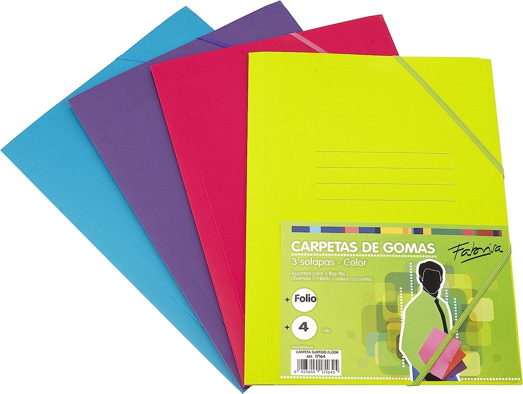 Carpeta gomas Fº 3 solapas carton colores surtidos fluor 4uds Fabrisa