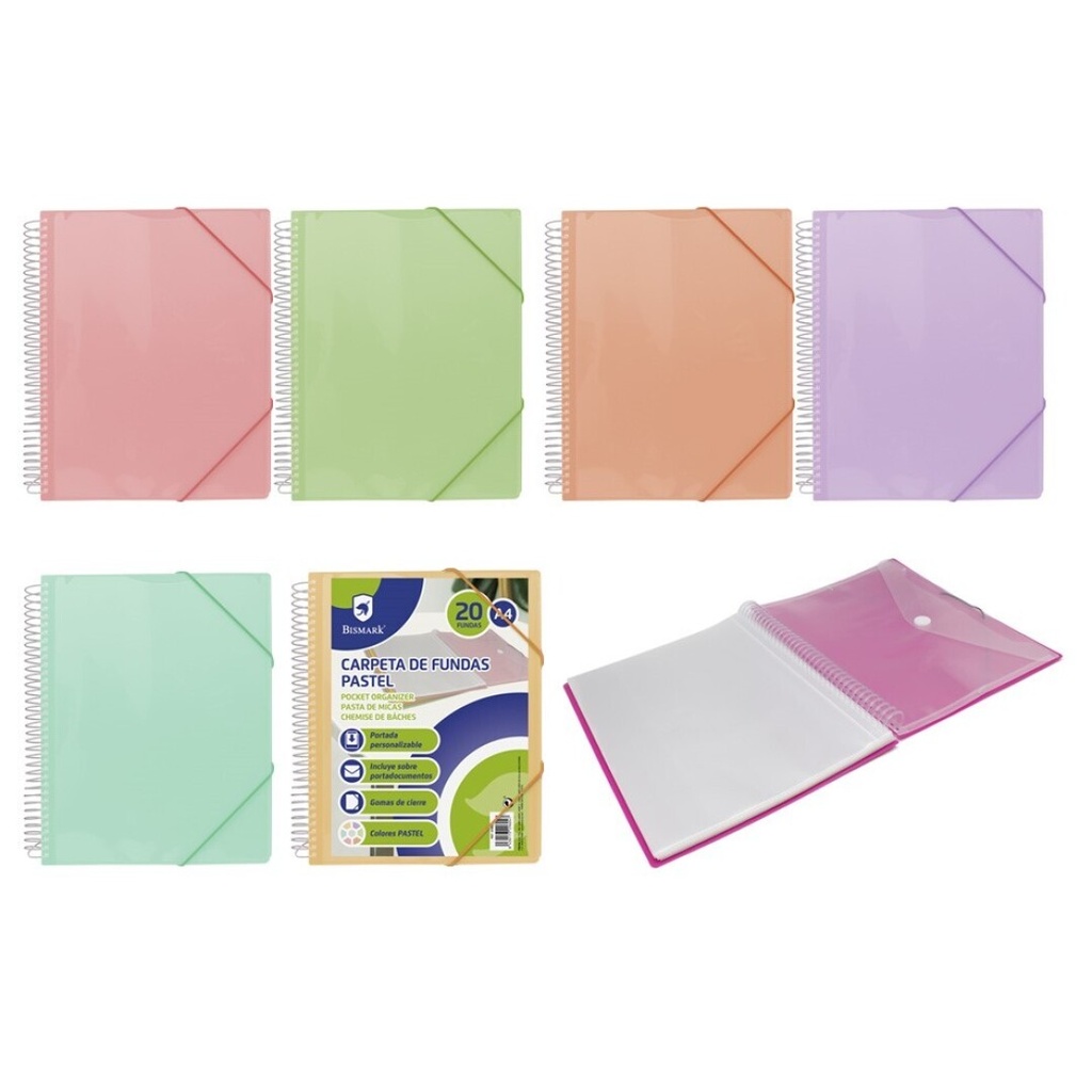Carpeta espiral 20 fundas A4 con sobre colores surtidos Bismark