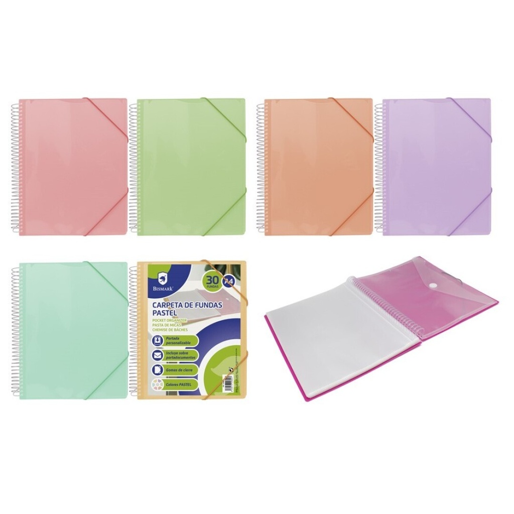 Carpeta espiral 30 fundas A4 con sobre colores surtidos Bismark