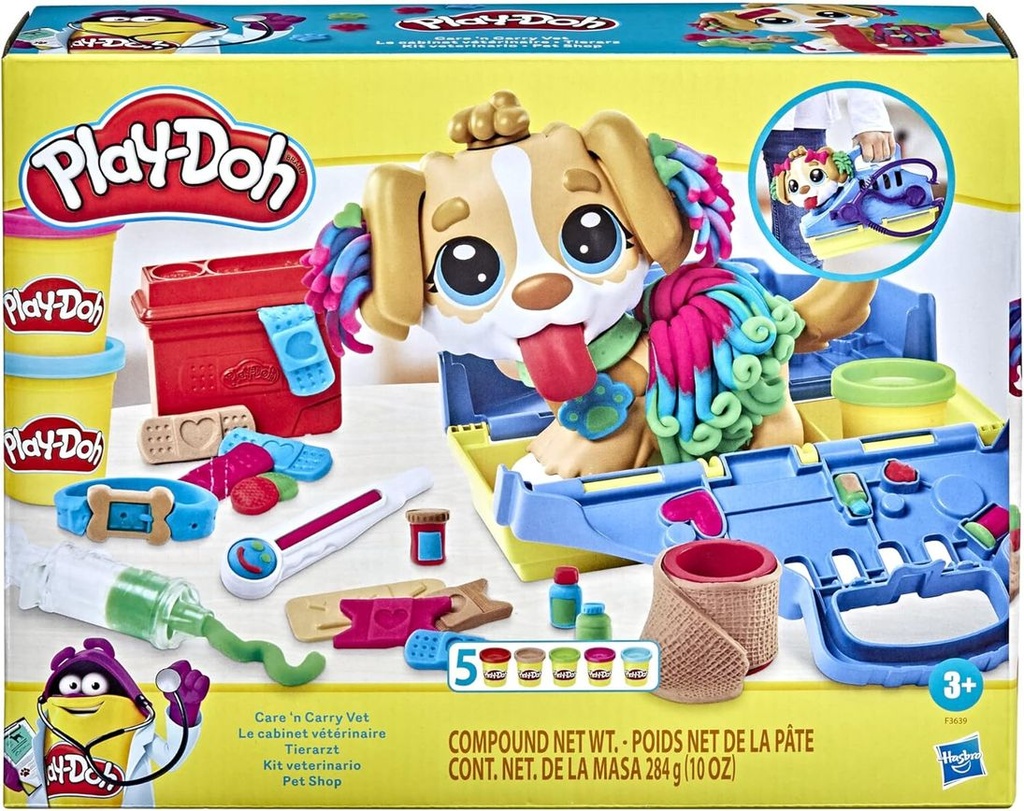 Veterinario set con cachorro de juguete, transportín, 10 herramientas, 5 colores Play-Doh +3
