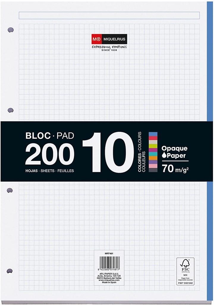 Bloc Recambio Hojas Encoladas, 10 bandas de Colores Intensos, 200 Hojas Cuadriculadas de 5x5 mm, Tamaño A4, Papel 70 g/m², 4 Taladros Miquelrius