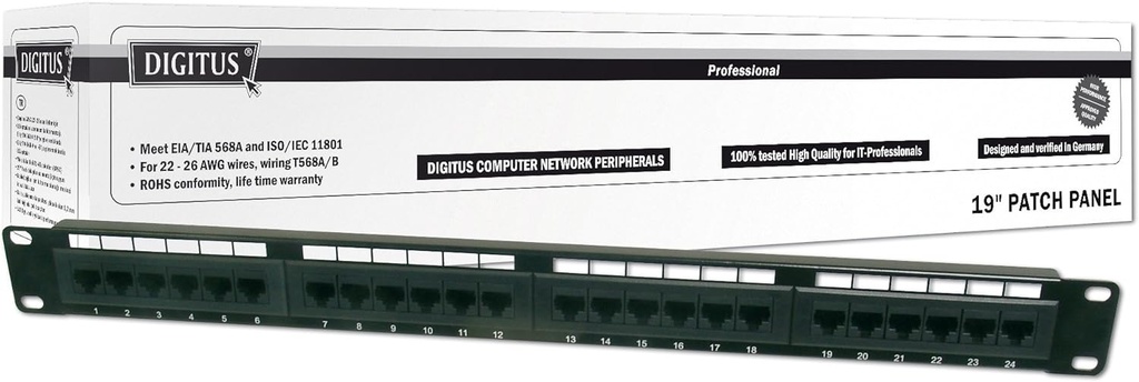 Panel de Parcheo Cat5e 24 puertos, UTP, 1U 19" Digitus