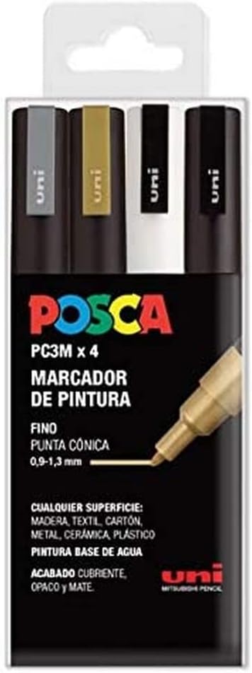 Marcador PC3M 4uds Oro, Plata, Blanco y Negro Posca