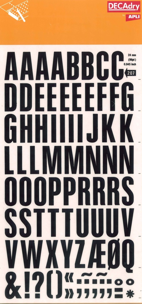Letras transferibles negras super 24mm 86 caracteres Apli