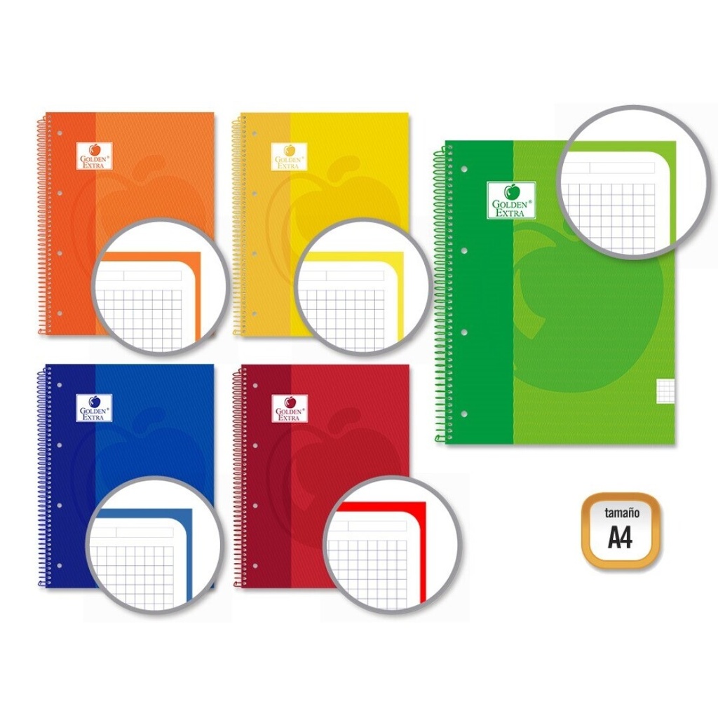Cuaderno espiral 5x5 A4 90g 80h 1B T/E microperforado colores surtidos Golden