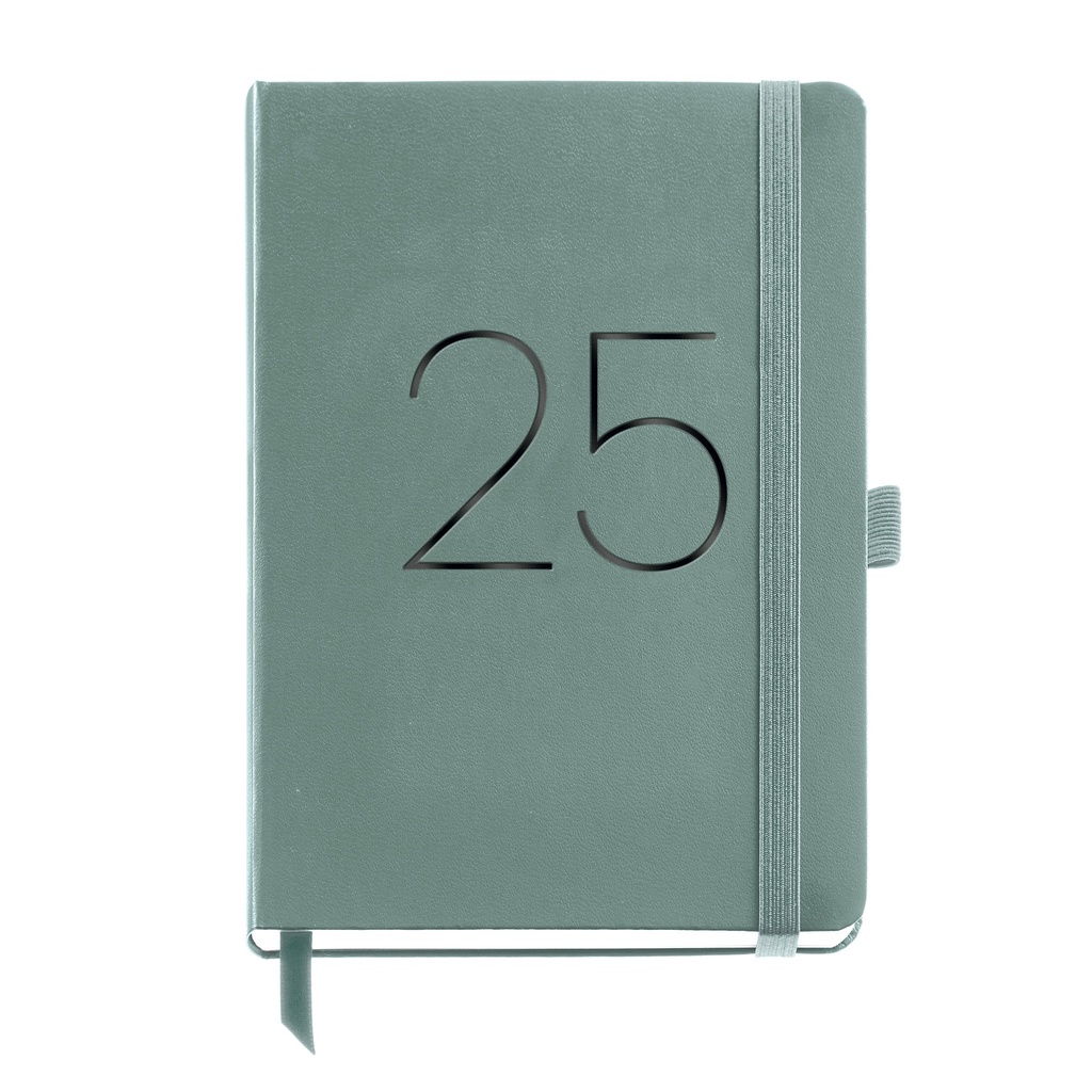 Agenda 2025, Agenda anual 155x213 mm, Agenda día página, Cubierta flexible símil piel cosida, Cierre goma, Bolsillo interior, Papel 80 g/m², Español, Inglés y Portugués, Verde