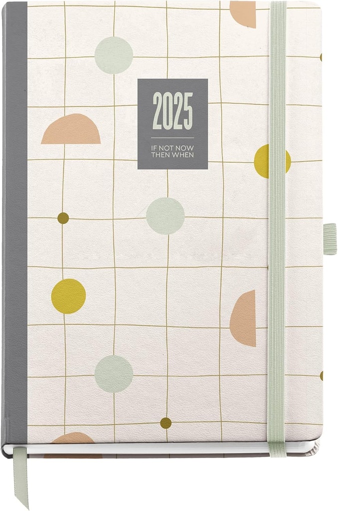 Agenda 2025, Agenda anual 155x213 mm, Agenda día página, Cubierta cartón forrado plastificado, Espiral, Cierre goma elástica, Papel 80 g/m², Español, Inglés y Portugués, Silvia Miquelrius