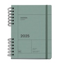 Agenda 2025, Agenda anual 155x213 mm, Agenda semana vista, Cubierta cartón forrado, Papel sostenible 100 g/m², Cierre goma, Español, Inglés y Portugués, Verde