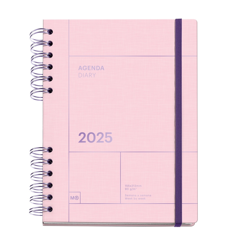 Agenda 2025, Tamaño 155 x 213 mm, Agenda semana vista, Cubierta cartón forrado, Papel sostenible 100 g/m², Cierre goma, Español, Inglés y Portugués, Rosa Miquelrius