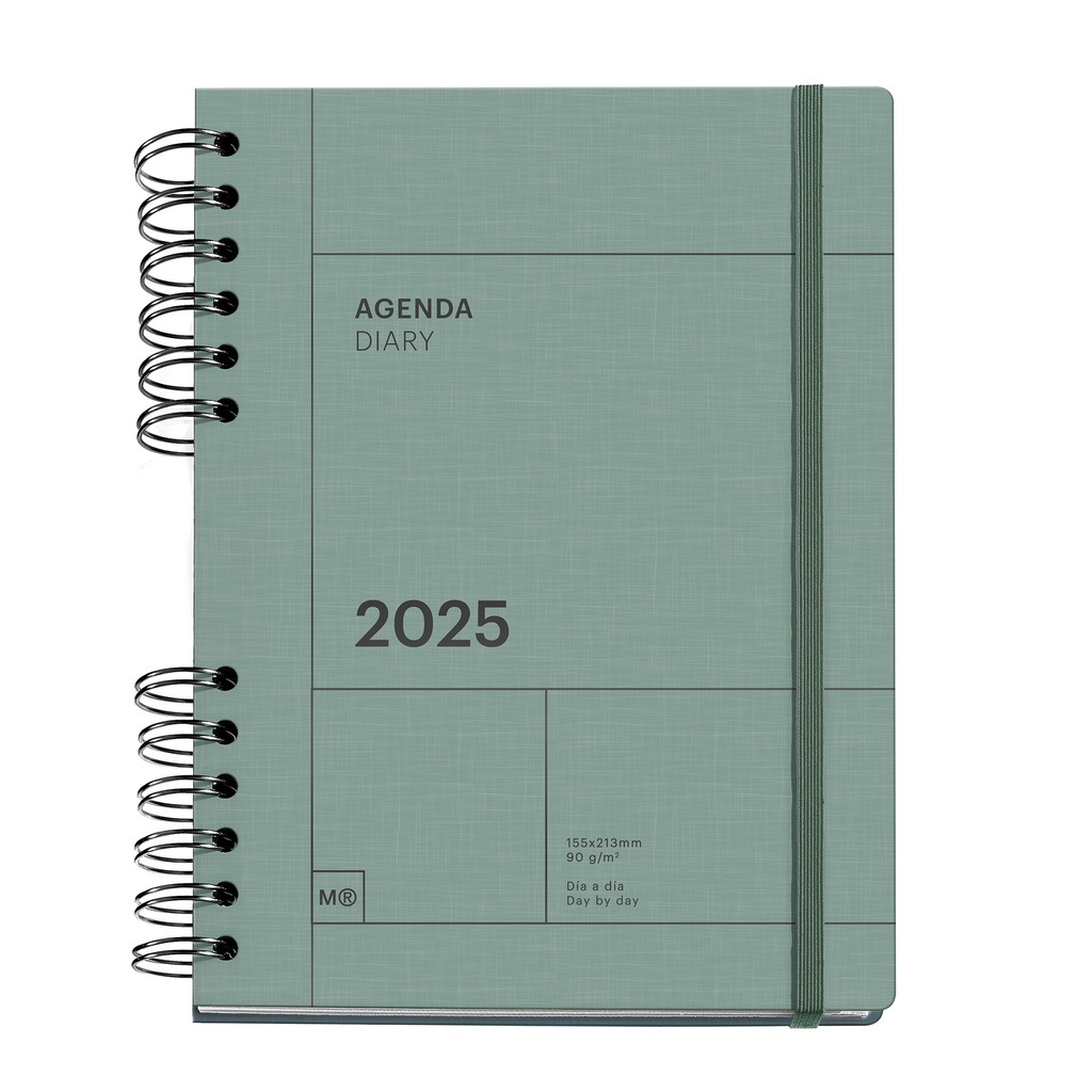 Agenda 2025, Agenda anual 155x213 mm, Agenda día página, Cubierta cartón forrado, Papel sostenible 100 g/m², Cierre goma, Español, Inglés y Portugués, Verde