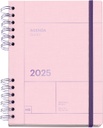 Agenda 2025, Agenda anual 155x213 mm, Agenda día página, Cubierta cartón forrado, Papel sostenible 100 g/m², Cierre goma, Español, Inglés y Portugués, Rosa Miquelrius