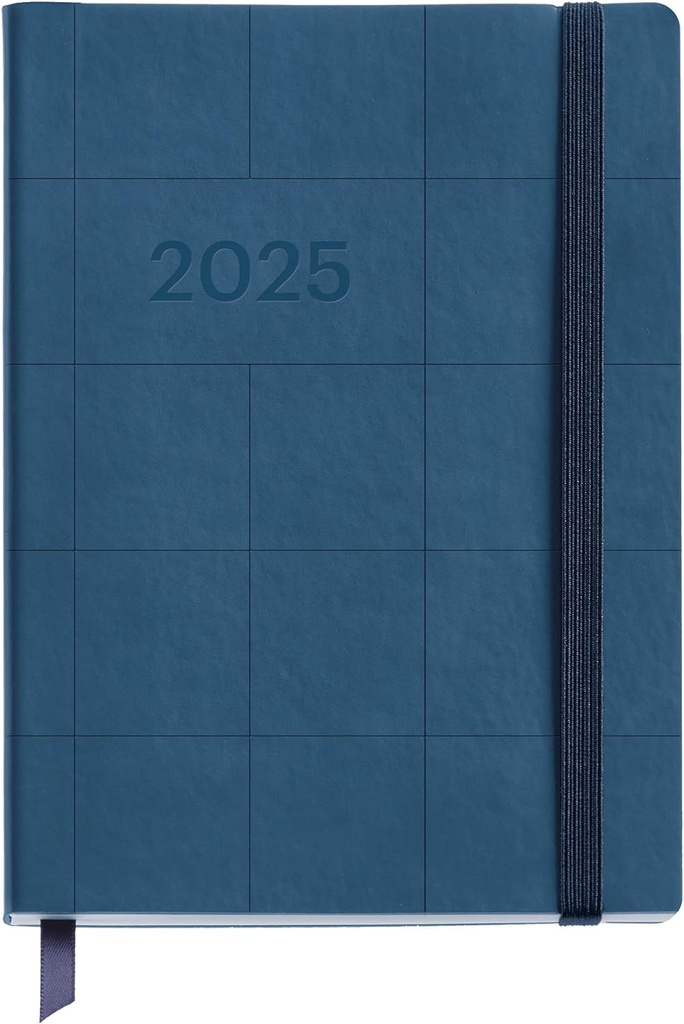 Agenda 2025, Agenda anual 122x168 mm, Agenda día página, Cubierta flexible símil piel cosida, Papel 80 g/m², Español, Inglés y Portugués, Color azul marino Miquelrius