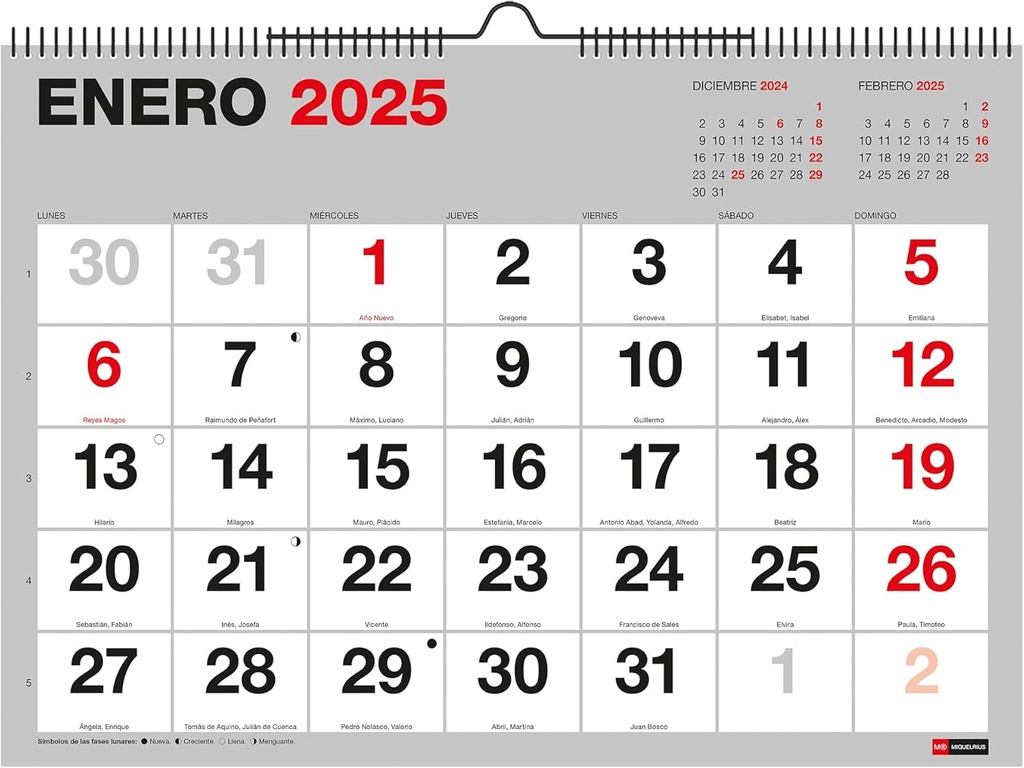 Calendario de Pared 2025 Basic, Con números grandes, Calendario A3: 420 x 296 mm, Con espacio para anotar, Encuadernación espiral doble, Calendario 2025, Español Miquelrius