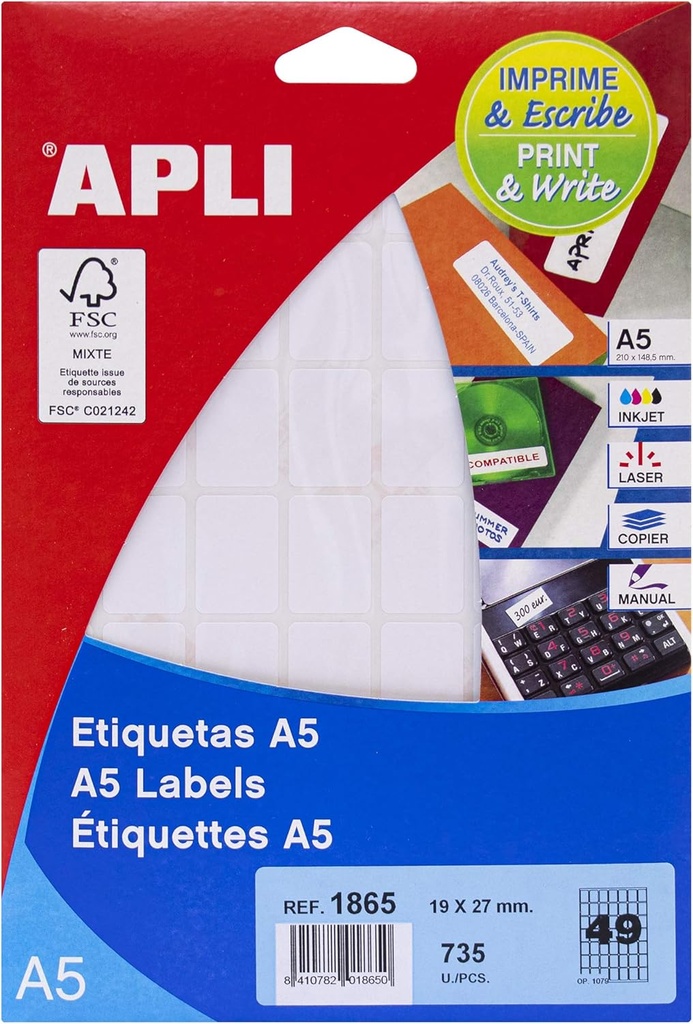 Etiquetas A5 blancas 19,0x 27,0mm 15h Apli