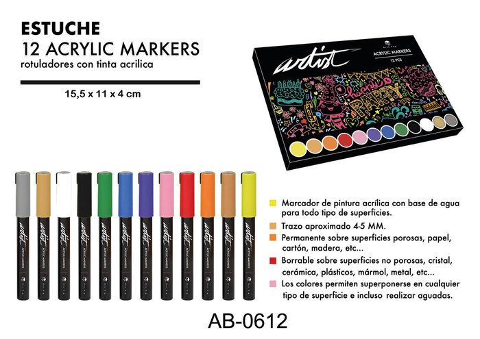 ESTUCHE 12 ROTULADORES ACRILICOS GAMA ARTIST SURTIDA