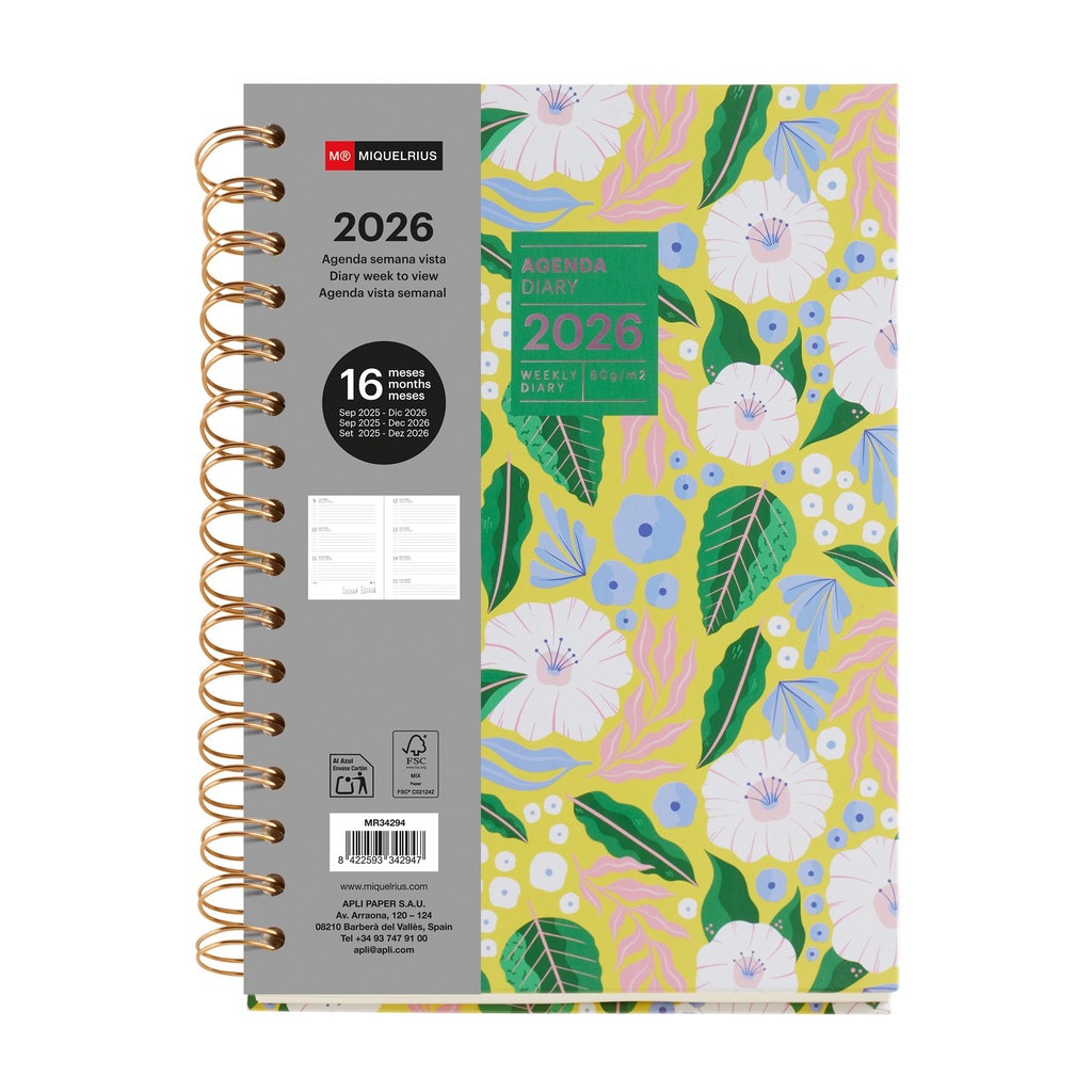 Agenda 16 Meses 25-26, Planificador Semanal: Septiembre 2025 a Diciembre 2026, Tamaño 155 x 213 mm, Semana Vista, Espiral Metálico, Cubierta de Cartón Forrado, Español-Inglés-Portugués Miquelrius