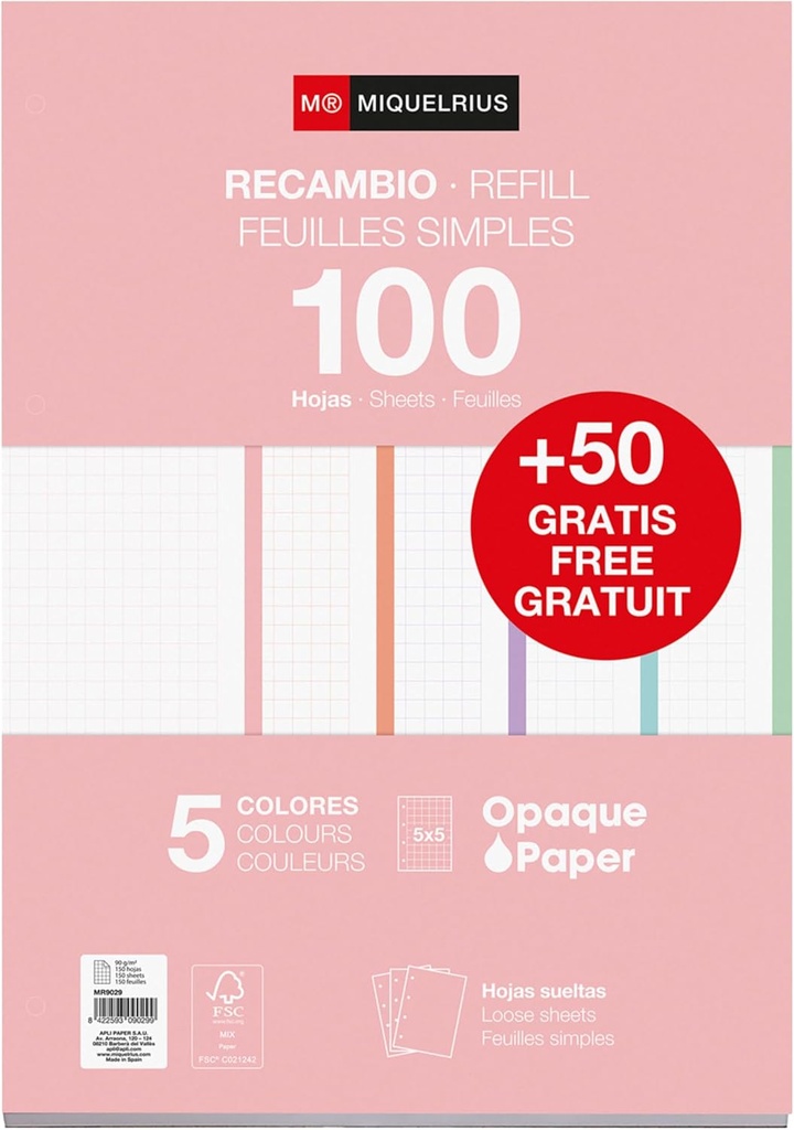 Recambio A4 5x5 100+50H 90g 5B Color Pastel Miquelrius