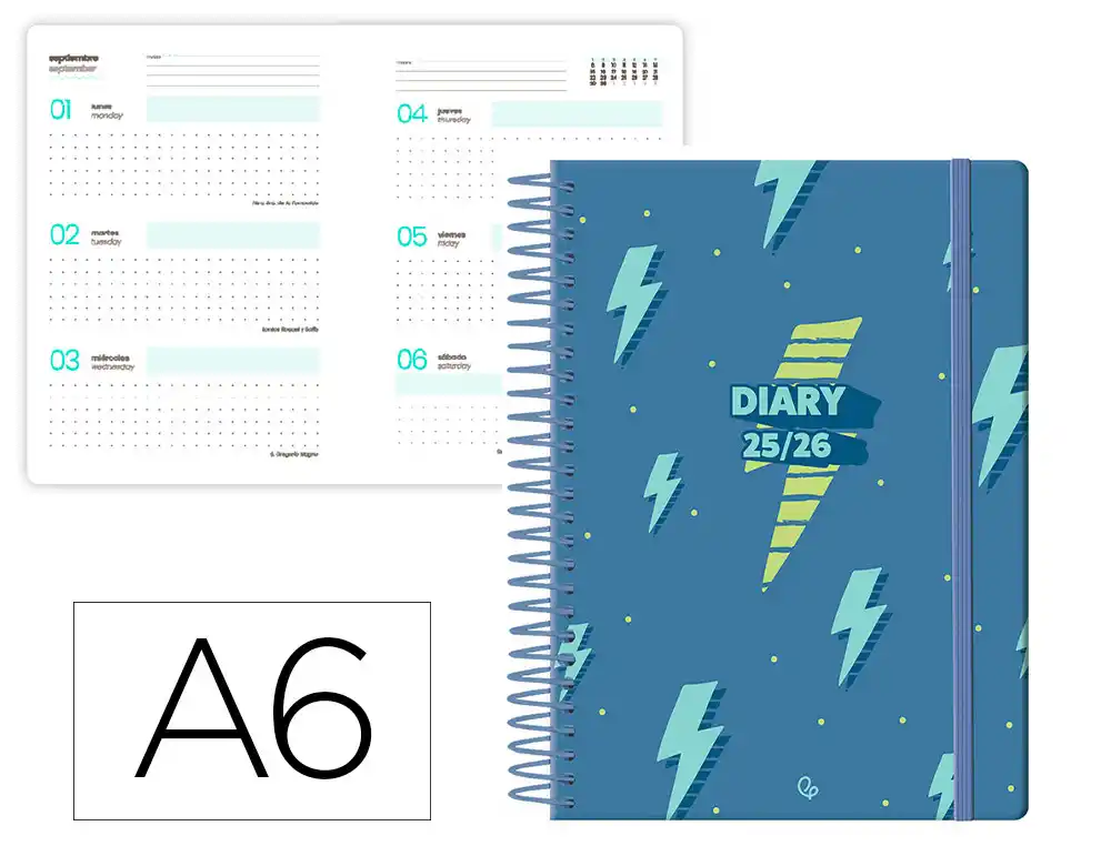 Agenda escolar 25-26 espiral patterns rayos semana vista A6 bilingüe papel FSC 80gr Liderpapel