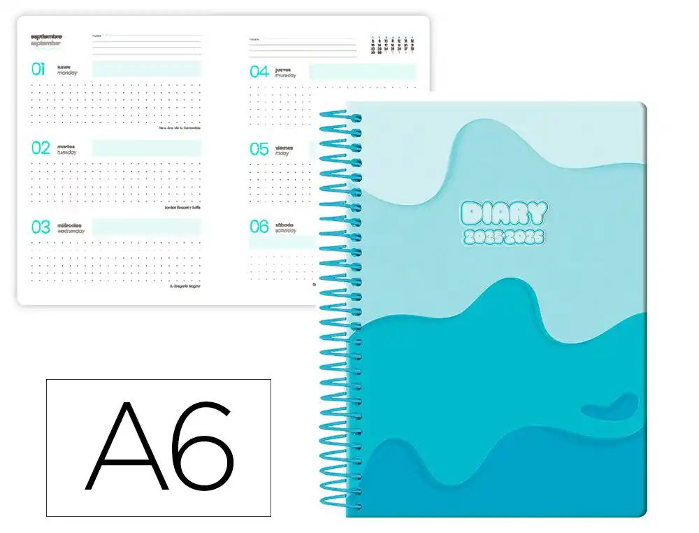  Agenda escolar 25-26 espiral melting verde semana vista a6 bilingüe papel FSC 80gr Liderpapel