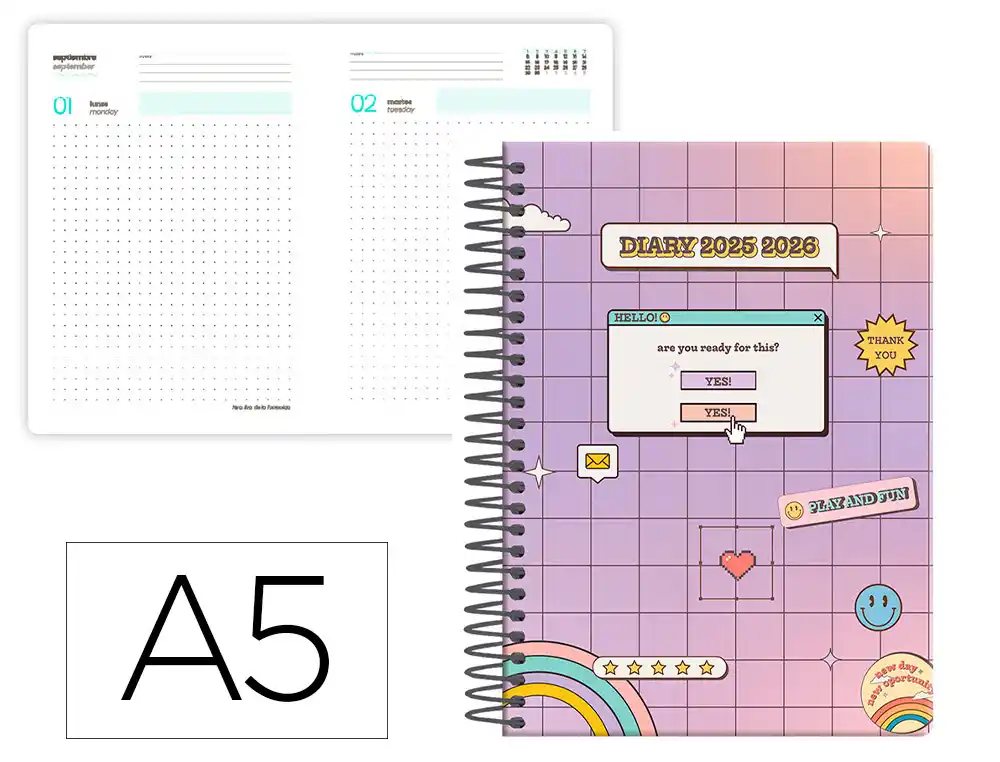 Agenda escolar 25-26 espiral pixel morado dia pagina A5 bilingüe papel FSC 80gr