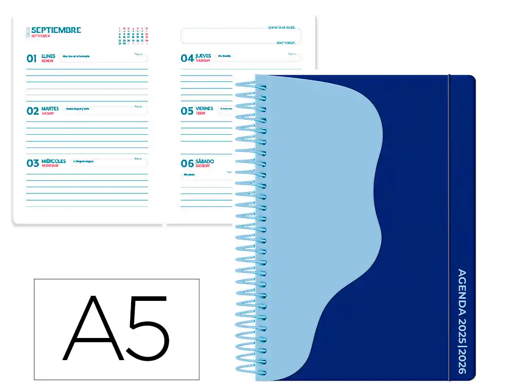  Agenda escolar 25-26 espiral waves semana vista A5 bilingüe papel FSC 80gr Liderpapel
