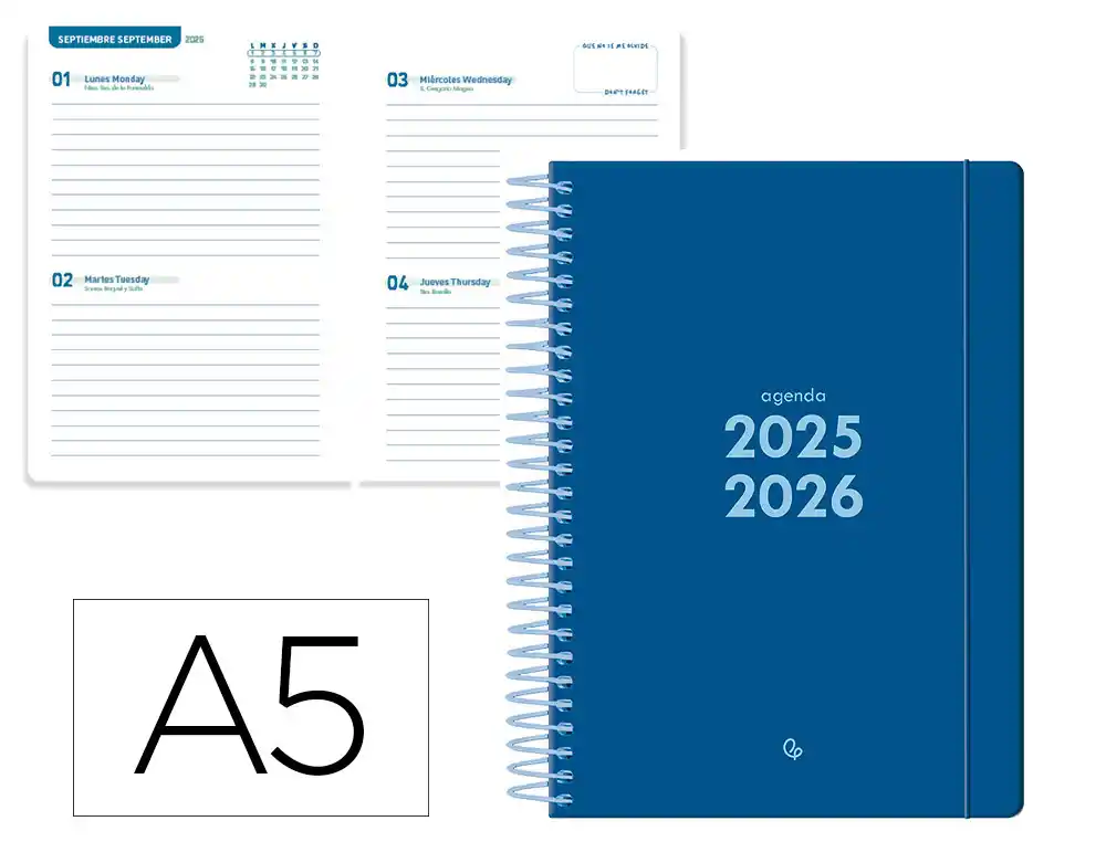 Agenda escolar 25-26 espiral basic 2 dias pagina A5 bilingüe papel FSC 70gr Liderpapel