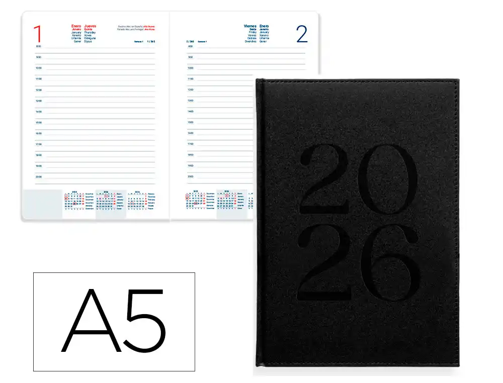Agenda 150x210mm 2026 día página encuadernada Creta 70gr FSC Liderpapel
