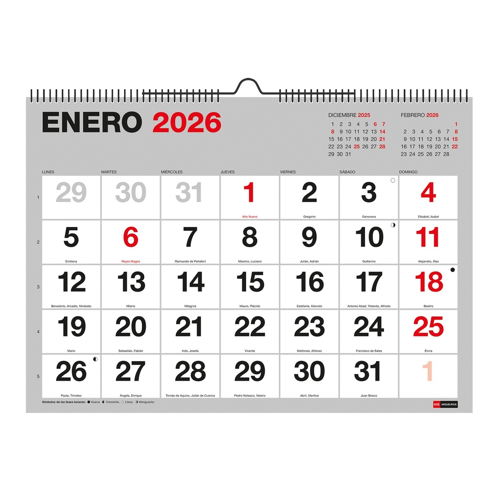 Calendario 2026 de pared Basic, Con números grandes, Organizador anual A3: 420 x 296 mm, Con espacio para anotar, Encuadernación espiral doble, Planificador 12 meses, Español Miquelrius