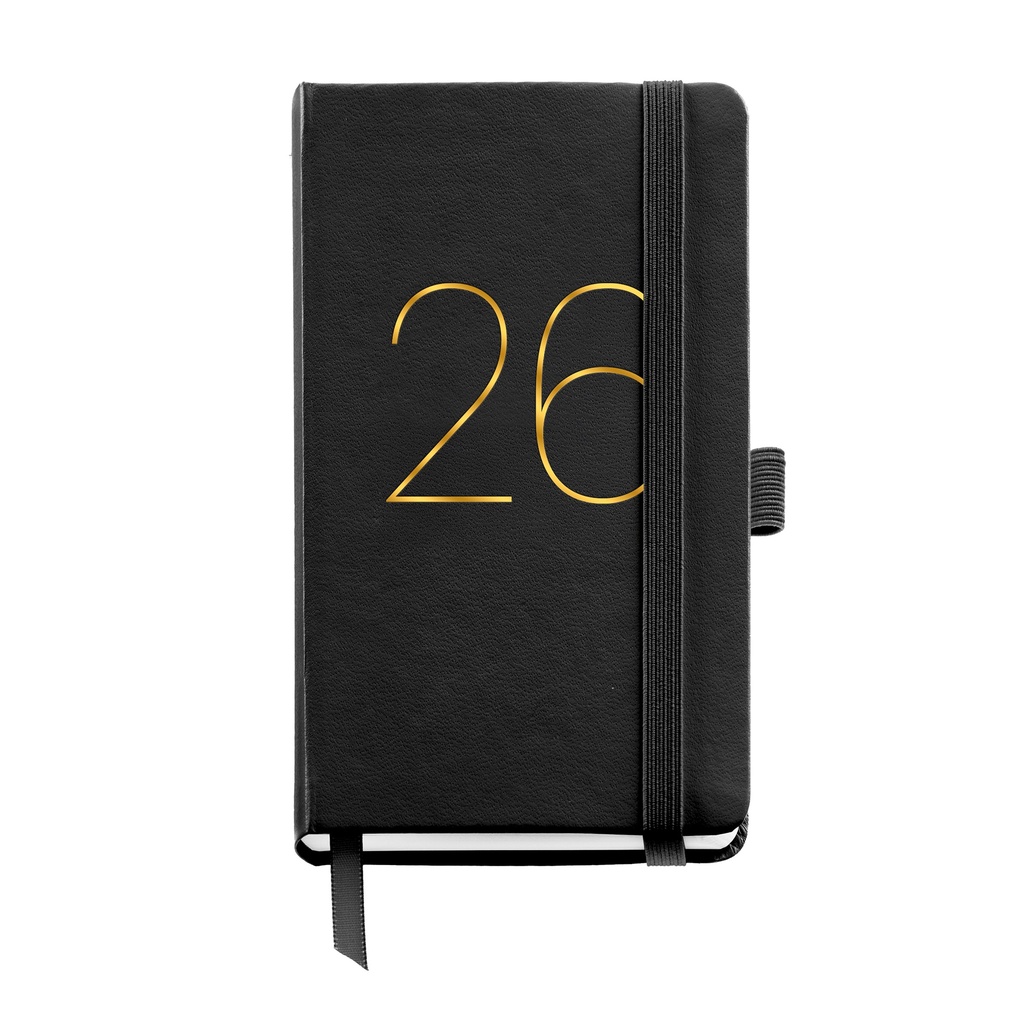 Agenda 2026 semana vista, Formato pequeño 90 x 140 mm, Planificación semanal, Cubierta flexible símil piel cosida, Cierre goma, Bolsillo interior, Papel 80 g/m², Español-IN-PT, Negro Miquelrius