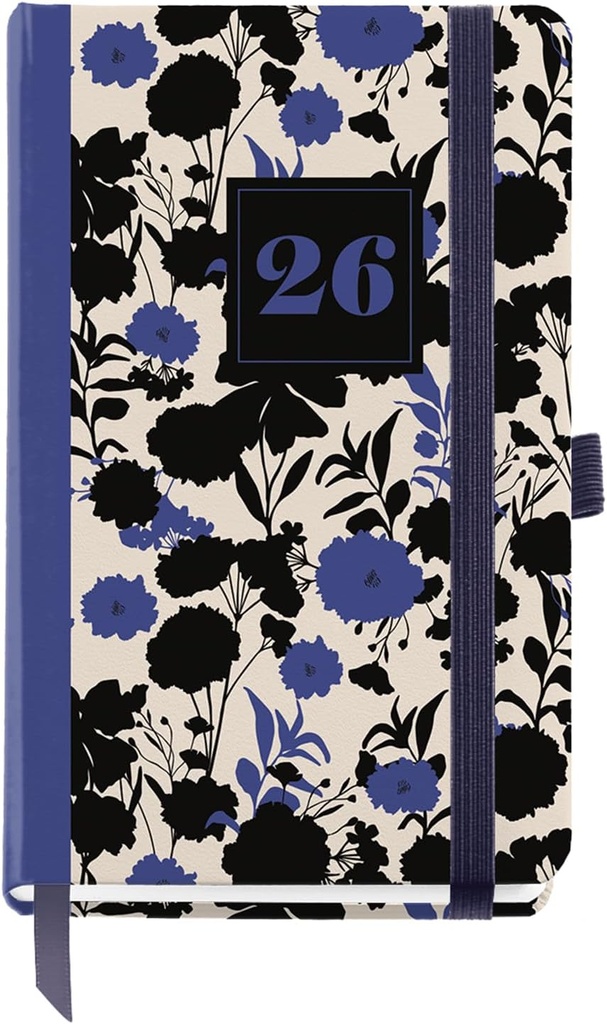 Agenda 2026 día por página, Formato pequeño (90 x 140 mm), Planificación diaria, Cubierta rígida cartón, Espiral, Cierre goma elástica, Papel 80 g/m², Español-EN-PT, Black&Blue Miquelrius