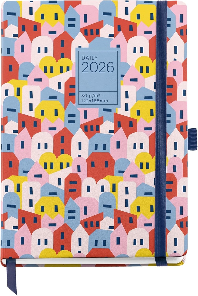Agenda 2026 día por página, Fácil de llevar (122 x 168 mm), Planificación diaria, Cubierta rígida cartón, Espiral, Cierre goma elástica, Papel 80 g/m², Español-EN-PT, Houses Miquelrius