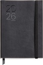 Agenda 2026 día por página, Fácil de llevar (122 x 168 mm), Planificación diaria, Cubierta flexible símil piel cosida, Papel 80 g/m², Español-EN-PT, Negro Miquelrius