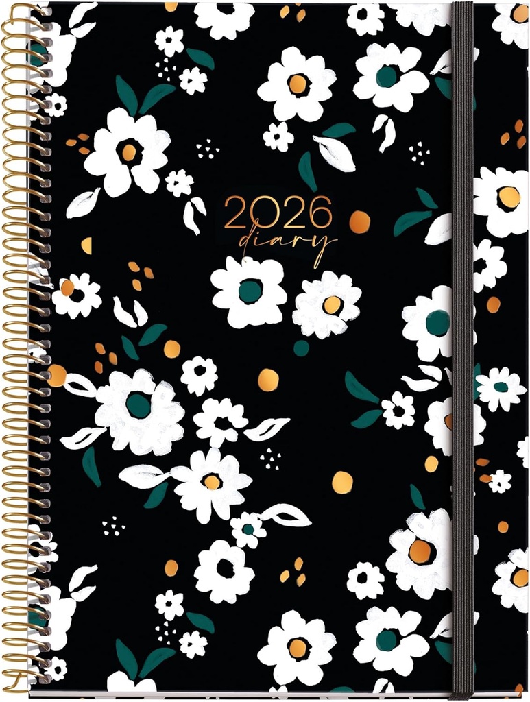 Agenda 2026 día por página, Similar A5+ (155 x 213 mm), Planificación diaria, Cubierta rígida cartón, Espiral, Cierre goma elástica, Papel 80 g/m², Español-EN-PT, Noir garden Miquelrius
