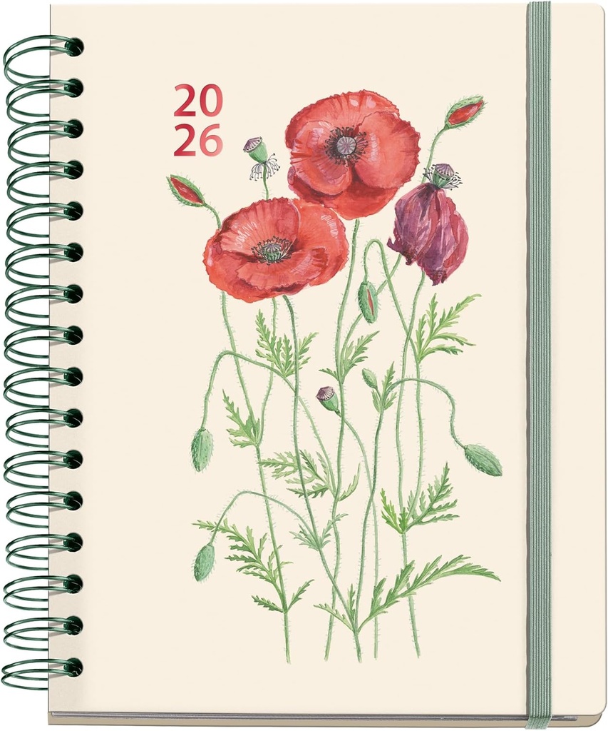 Agenda 2026 día por página, Similar A5+ (164 x 218 mm), Planificación diaria, Doble espiral, Cubierta cartón plastificado, Papel 100 g/m², 6 idiomas, Stickers, Diseño EntreDos, Amapola Miquelrius
