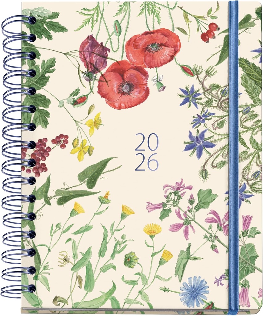 Agenda 2026 semana vista, Similar A5+ (160 x 218 mm), Planificación semanal, Doble espiral, Cubierta cartón plastificado, Papel 100 g/m², 6 idiomas, Stickers, Diseño EntreDos, Jardín Miquelrius