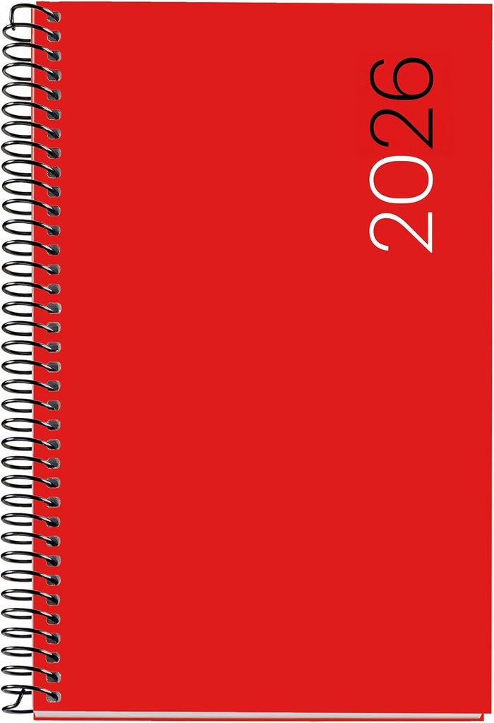 Agenda 2026 semana vista, Similar A6+ (117 x 182 mm), Cubierta flexible polipropileno, Espiral, Papel 80 g/m², Planificador semanal, Español-EN-PT, Color rojo Miquelrius