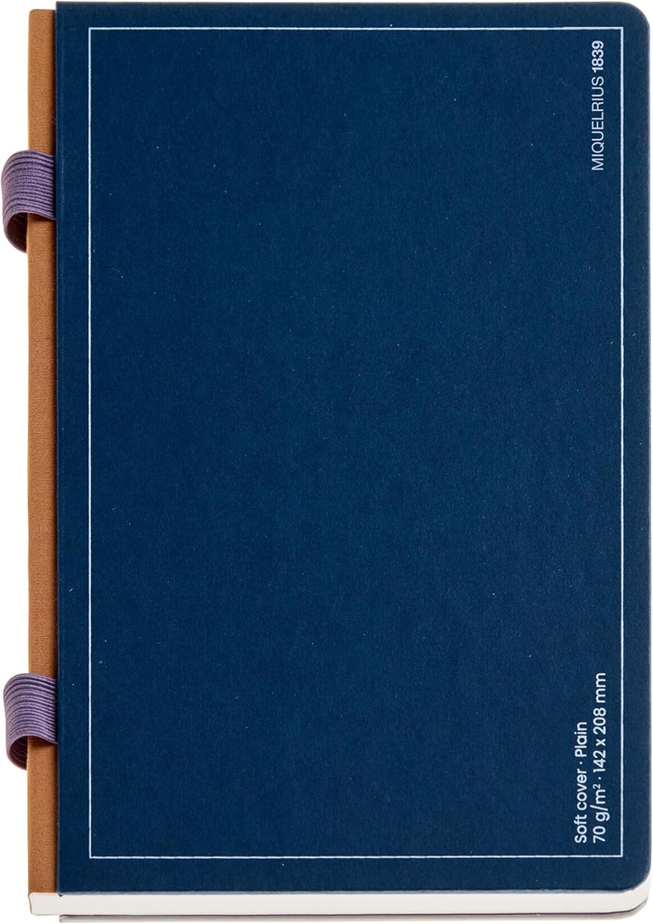 Libreta A5 con doble interior, 86 hojas lisas y 10 punteadas dots, Cubierta de cartón, Lomo de tela, Papel marfil de 70 g/m², Goma portabolígrafos Miquelrius