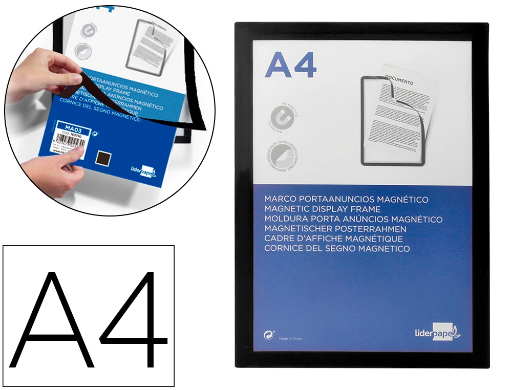Marco porta anuncios magnetico A4 dorso adhesivo removible Liderpapel