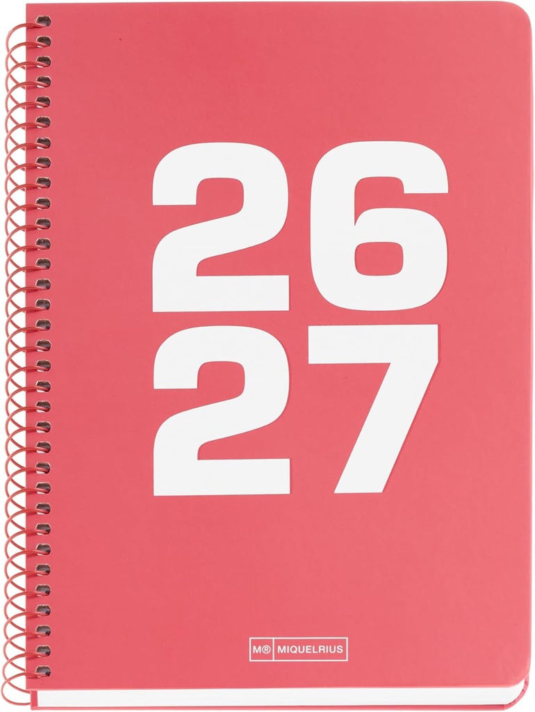 Agenda escolar 2026 2027 día página 10 meses, Tamaño A5+ (15×21,3 cm), Cartón plastificado, Espiral metálico a color, Cantos redondeados, Año en relieve, Stickers, Español-EN, Coral Miquelrius