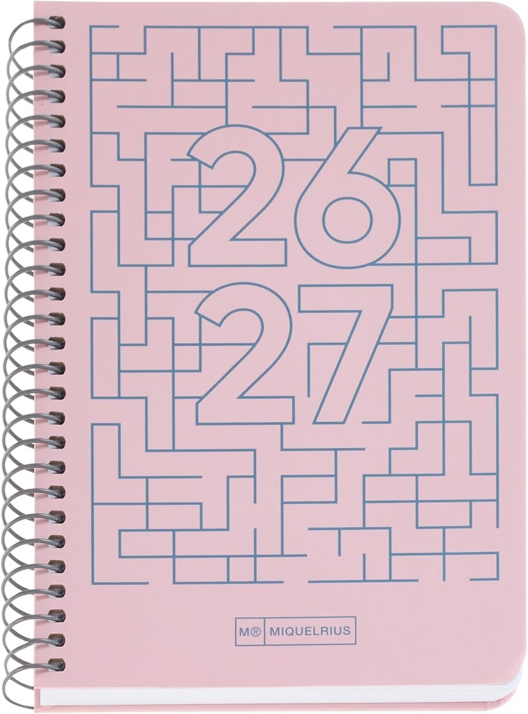Agenda escolar 2026 2027 semana vista 10 meses, Tamaño A6+ (11,7×17,4 cm), Cartón plastificado, Espiral metálico a color, Cantos redondeados, Stickers, Español-EN, Rosa Miquelrius