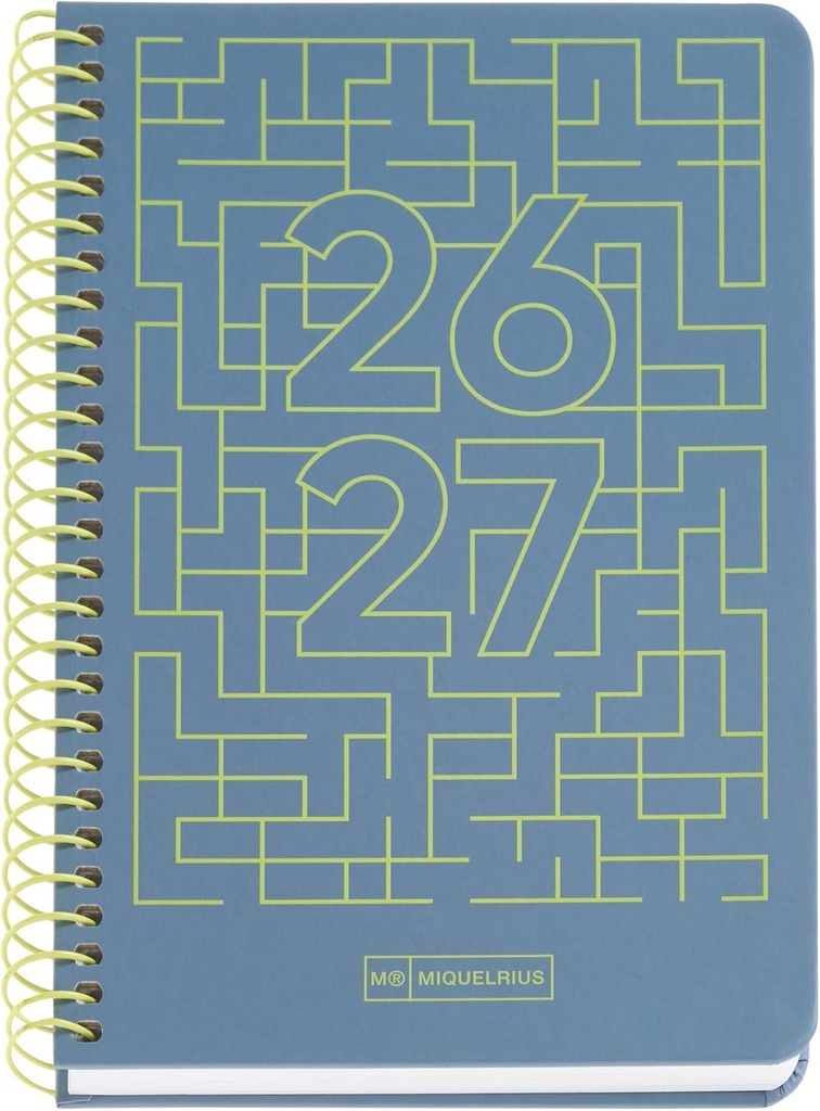 Agenda escolar 2026 2027 día página 10 meses, Tamaño A6+ (11,7×17,4 cm), Cartón plastificado, Espiral metálico a color, Cantos redondeados, Stickers, Español-EN, Azul Miquelrius