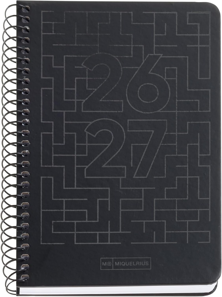 Agenda escolar 2026 2027 día página 10 meses, Tamaño A6+ (11,7×17,4 cm), Cartón plastificado, Espiral metálico a color, Cantos redondeados, Stickers, Español-EN, Negro Miquelrius