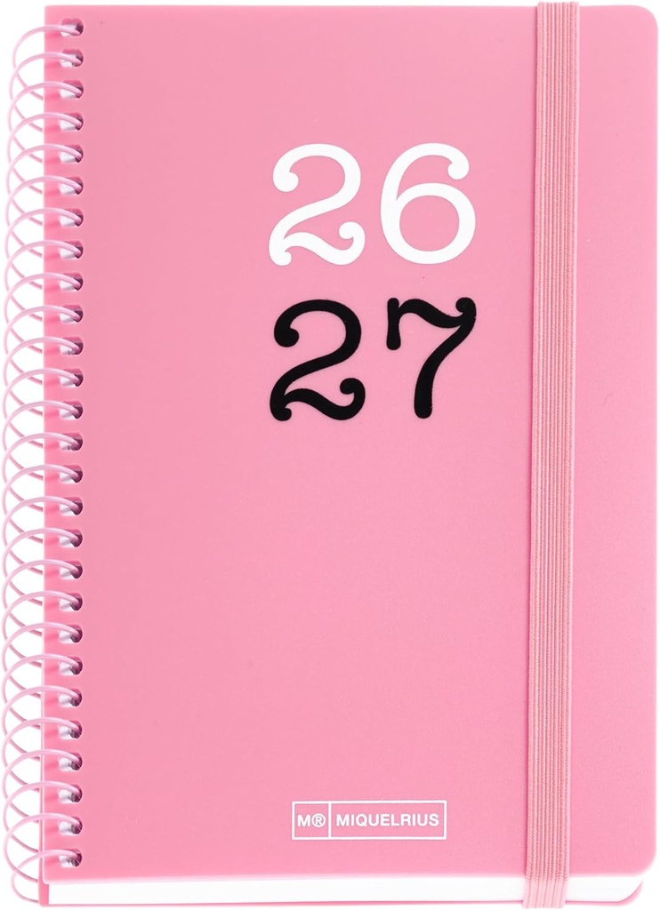 Agenda escolar 2026 2027 semana vista 12 meses, Tamaño A6+ (11,7×17,4 cm), Tapas de polipropileno, Espiral metálico a color, Cierre de goma, Cantos redondeados, Stickers, Español-EN, Rosa Miquelrius